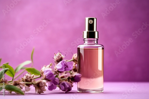 Cosmetic glass jar with perfume  serum or organic essential oil with flowers. The concept of a selfcare and natural cosmetics