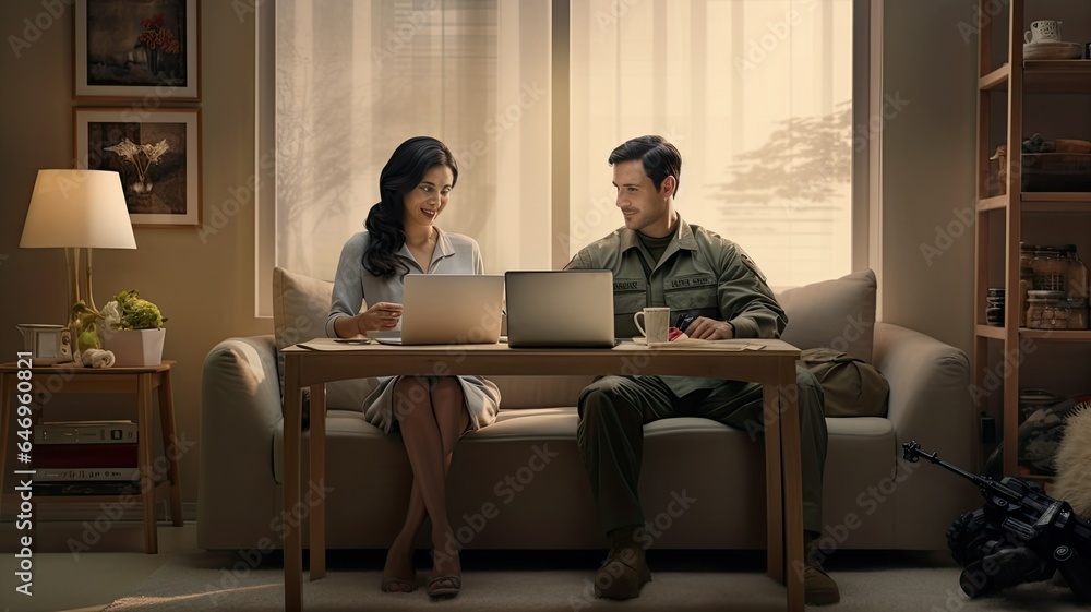 a young couple comfortably seated in a minimalist military-themed interior, each engrossed in online shopping via their laptop computers. The composition conveys the ease of accessing e-commerce a young couple comfortably seated in a minimalist military-themed interior, each engrossed in online shopping via their laptop computers. The composition conveys the ease of accessing e-commerce