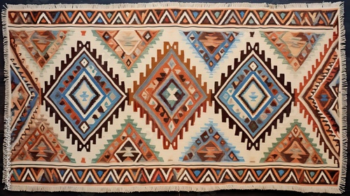 Turkish vintage carpet with geometric pattern in multicolours.