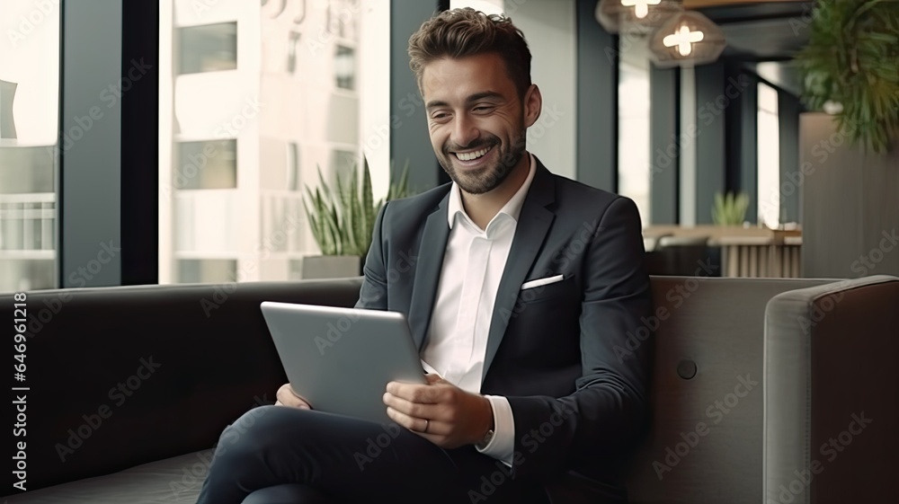 the young businessman seated on a sleek sofa in a minimalist interior, confidently holding a digital tablet and smiling warmly at the camera. The composition conveys a sense