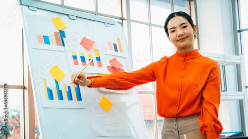 Young woman explains business data on white board in casual office room . The confident Asian businesswoman reports information progress of a business project to partner to determine strategy . Jivy