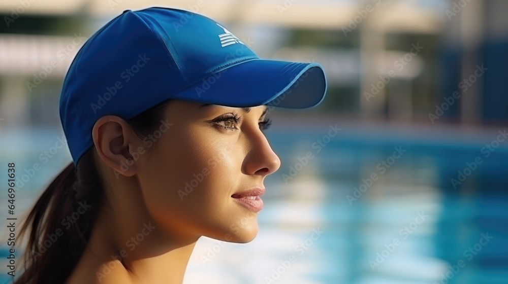 A girl in a sports cap near the indoor pool. An athlete or coach before a sports competition. A girl in a sports cap near the indoor pool. An athlete or coach before a sports competition.