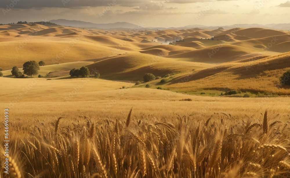 A rolling hills of gold wheat field nature background.