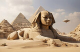 The sphinx with pyramids in desert and aliens UFO.