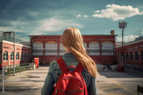 A schoolgirl from behind with a backpack walks towards a school.