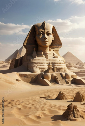 The sphinx with Egyptian pyramids in desert.