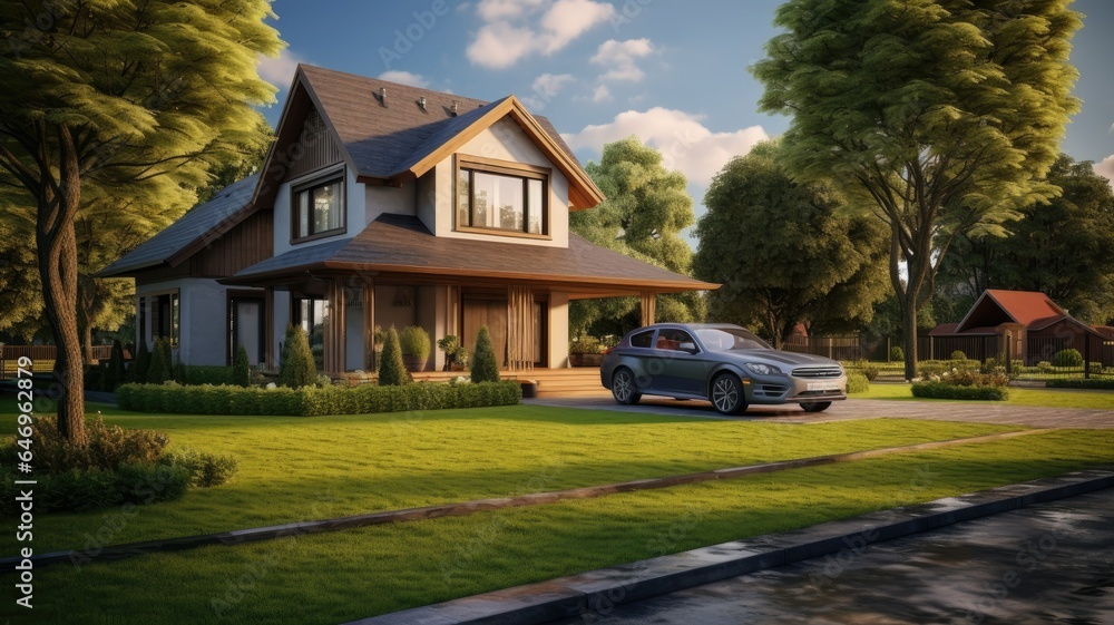a charming family house nestled within a serene neighborhood. The concrete pathway leads through a lush green lawn, with a family car parked to the side. The image embodies the essence a charming family house nestled within a serene neighborhood. The concrete pathway leads through a lush green lawn, with a family car parked to the side. The image embodies the essence