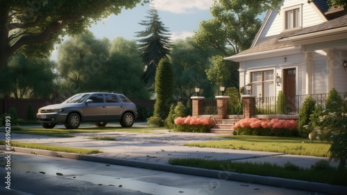 a charming family house nestled within a serene neighborhood. The concrete pathway leads through a lush green lawn, with a family car parked to the side. The image embodies the essence © lililia
