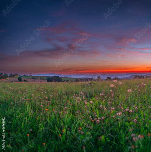 Flower meadow after color beautiful sunset with cloudy sky in Krkonose mountains