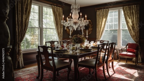 Interior design inspiration of Traditional Classic style home dining room loveliness decorated with Wood and Fabric material and Brass Chandelier .Generative AI home interior design .