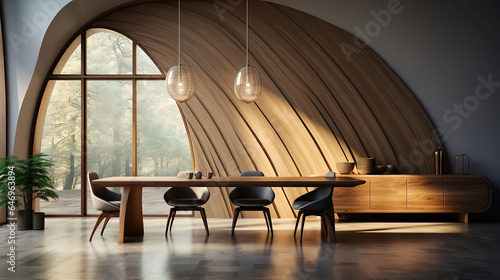 minimalist interior design of modern dining room with abstract wood paneling arched wall