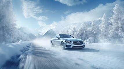 a car speeding down a snowy road, surrounded by a breathtaking winter landscape of snow-covered mountains and a dense forest. Emphasize the sense of motion and adventure.