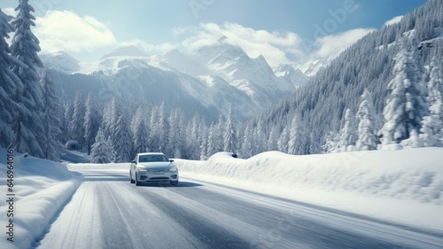 a car speeding down a snowy road, surrounded by a breathtaking winter landscape of snow-covered mountains and a dense forest. Emphasize the sense of motion and adventure. © lililia