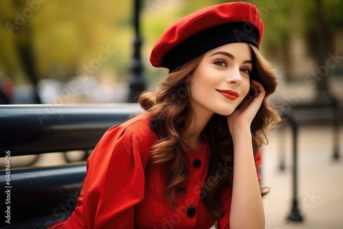 Smiling young French woman with a red beret sitting on a bench