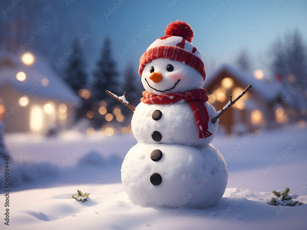 Fototapeta premium Cute snowman in the snow. Generative ai