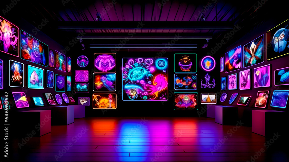 Brightly lit room with lot of neon lights on the wall and pictures on the wall. Brightly lit room with lot of neon lights on the wall and pictures on the wall.