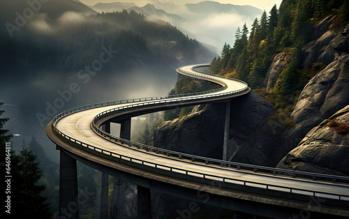 Illustration of a scary winding road near mountains. Challenging long bridge suspended in the void with intricate structure. Track scenario that tests the courage of travelers. photo