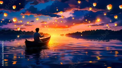 Painting of man in boat with lanterns floating in the sky.