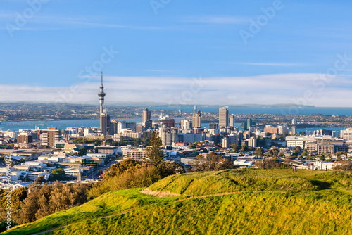 Auckland, New Zealand, from the volcano Mount Eden, the crater rim is in the foreground. photo