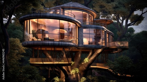 The ultra luxurious treehouse in the forest. Generative AI image AIG30.