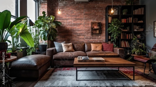 Inspiring office interior design Industrial style Lounge featuring Exposed bricks architecture. Generative AI AIG 31. © Summit Art Creations