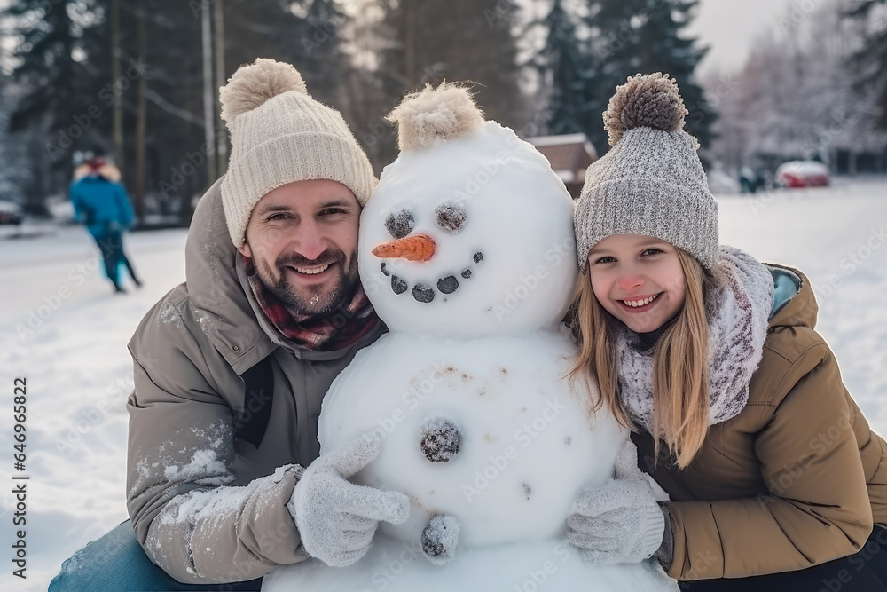 Parents and children playing in the snow make a snowman, generative ai Parents and children playing in the snow make a snowman, generative ai