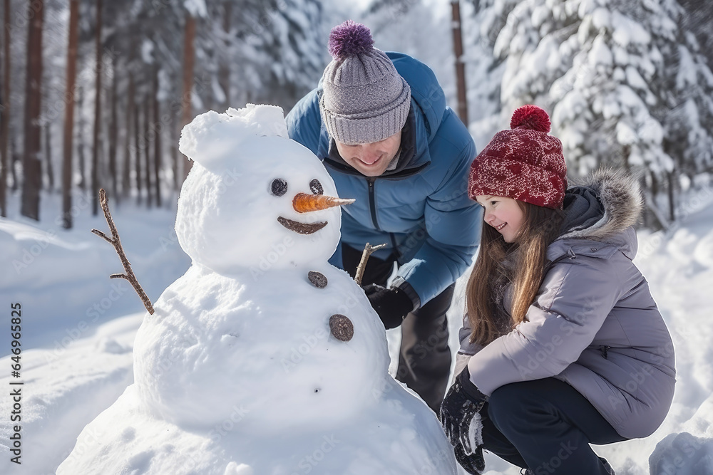 Parents and children playing in the snow make a snowman, generative ai Parents and children playing in the snow make a snowman, generative ai