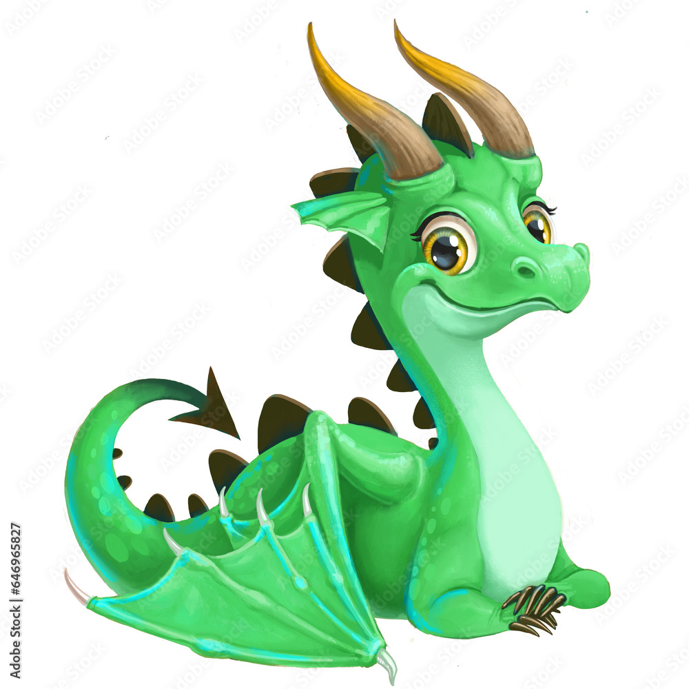 Fototapeta premium Cute green Dragon lies on a white background