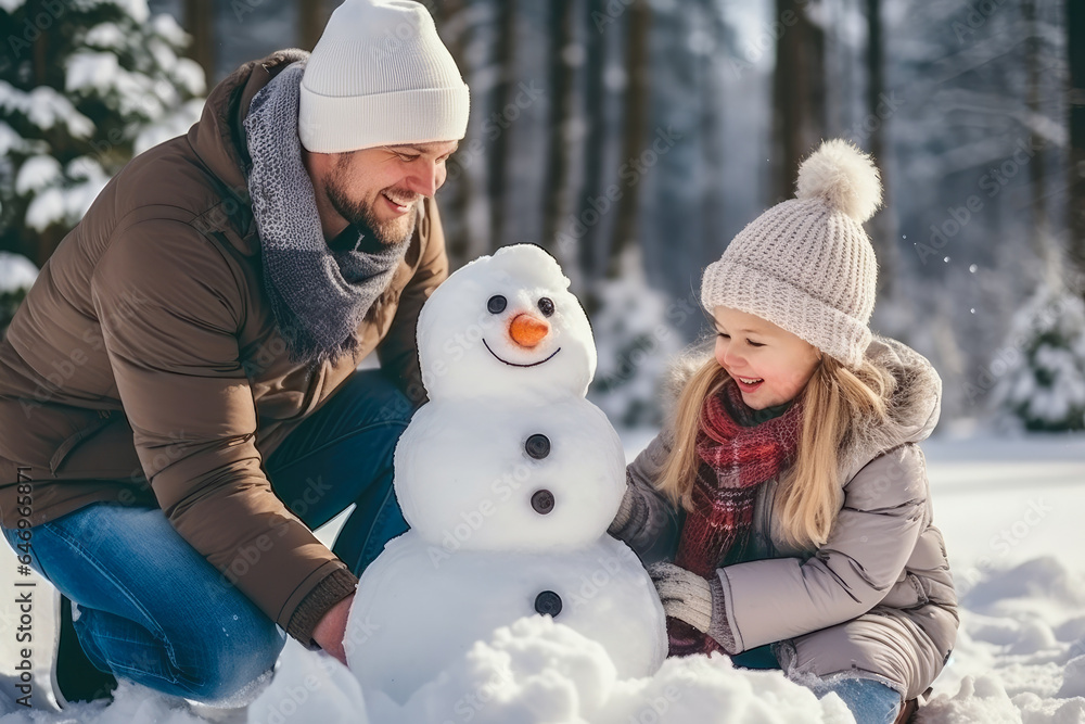 Parents and children playing in the snow make a snowman, generative ai Parents and children playing in the snow make a snowman, generative ai