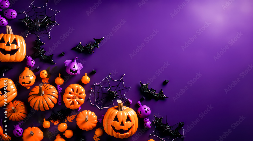 Group of halloween pumpkins and bats on purple and purple background.