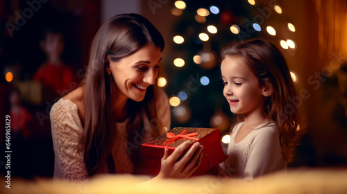 Woman and little girl opening gift box with christmas tree in the background.