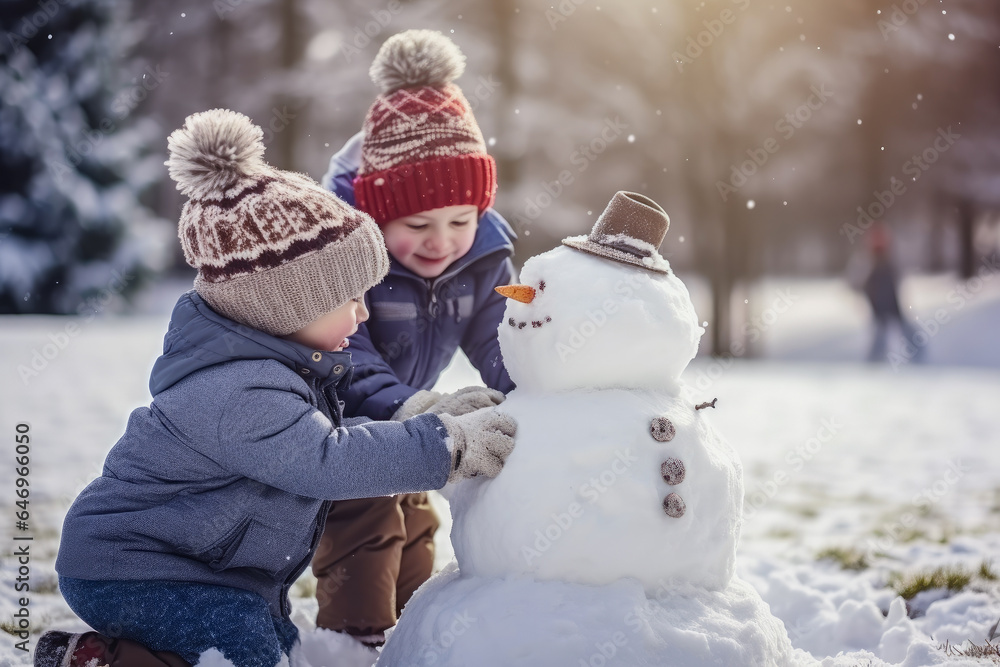 Children playing in the snow make a snowman, generative ai