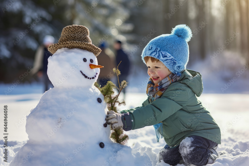 Children playing in the snow make a snowman, generative ai Children playing in the snow make a snowman, generative ai