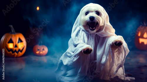 Dog dressed up in ghost costume with pumpkin in the background.