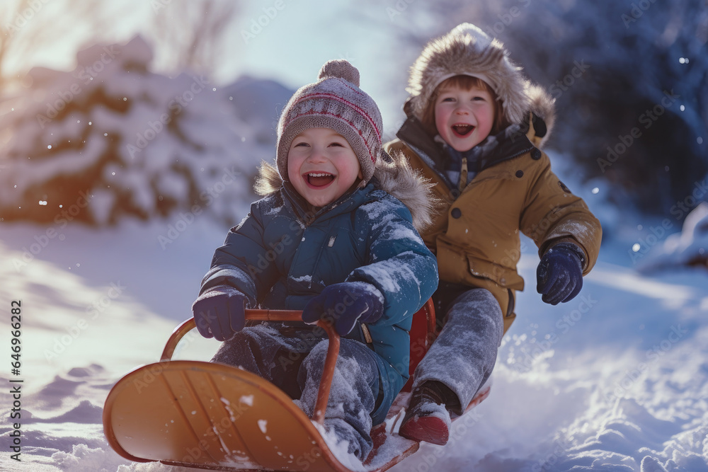 Children playing in snow, generative ai Children playing in snow, generative ai