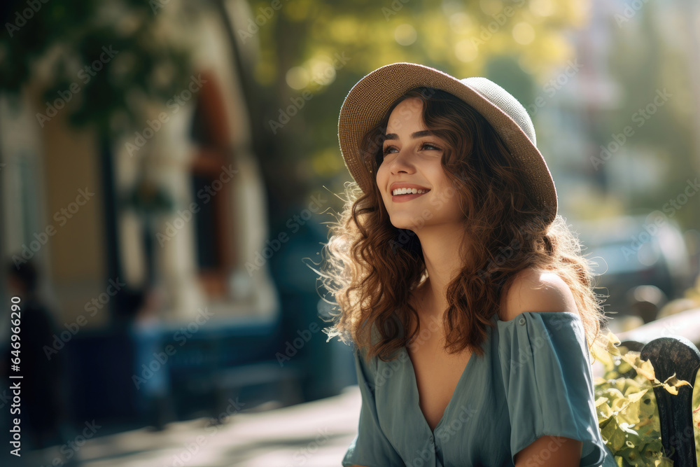 Smiling young French woman sitting on a bench