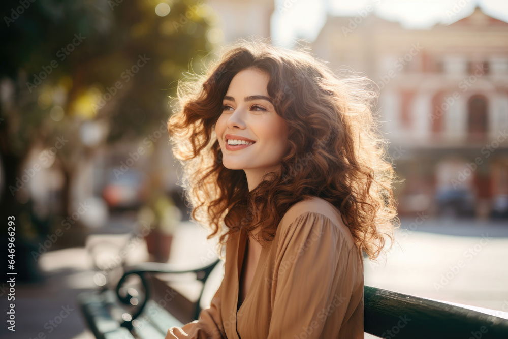 Smiling young French woman sitting on a bench