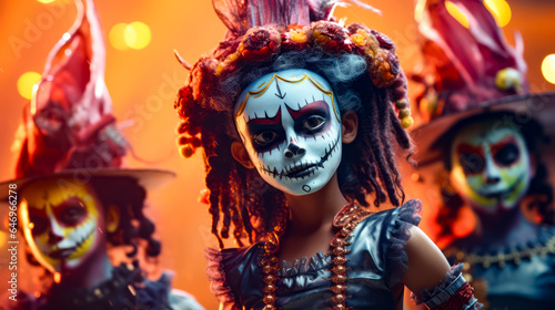 Woman with skeleton face paint on her face and hat on her head.