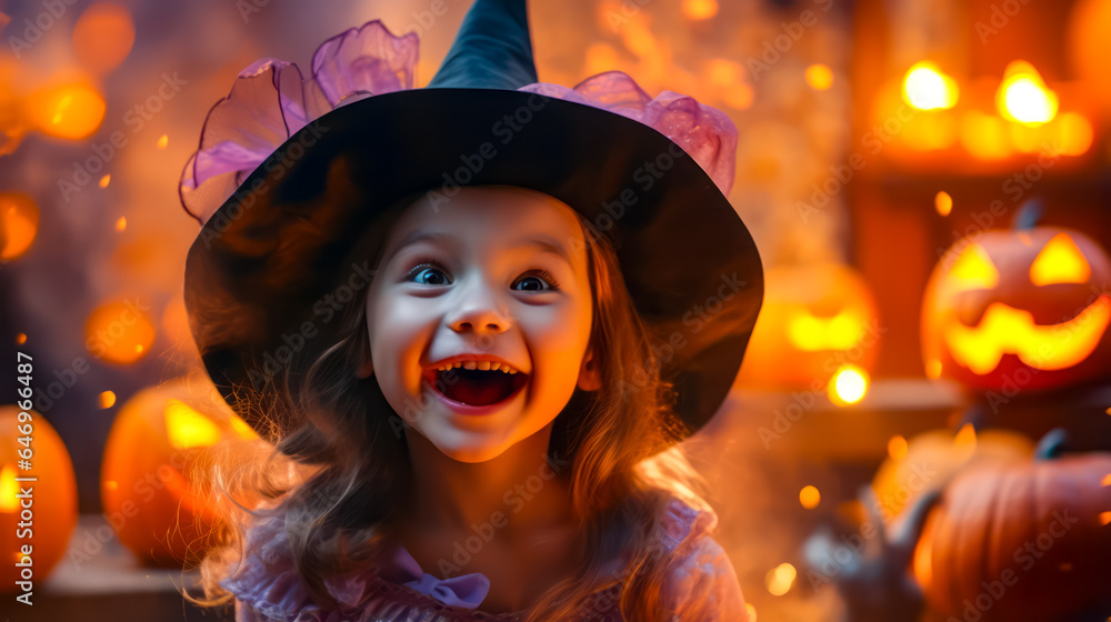 Little girl wearing witches hat and smiling at the camera with lit candle in the background. Little girl wearing witches hat and smiling at the camera with lit candle in the background.