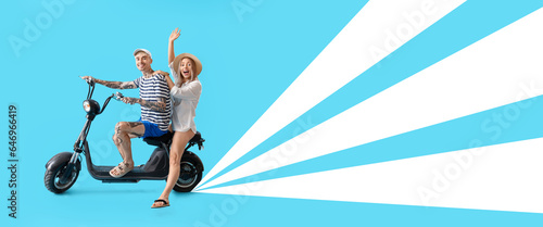 Happy young couple with electric bike on light blue background. Banner for design
