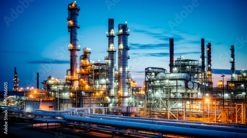 Large industrial plant with pipes and lights in the background at night time.