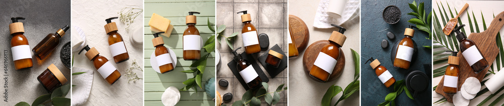 Collage with shampoo, bath supplies and tropical leaves, top view Collage with shampoo, bath supplies and tropical leaves, top view