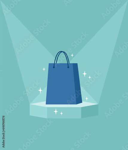 Glowing shopping bag on a pedestal under the spotlight. Flat vector illustration