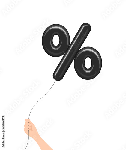 Hand holding black balloon in the form of a percent sign isolated on a white background. Flat vector illustration