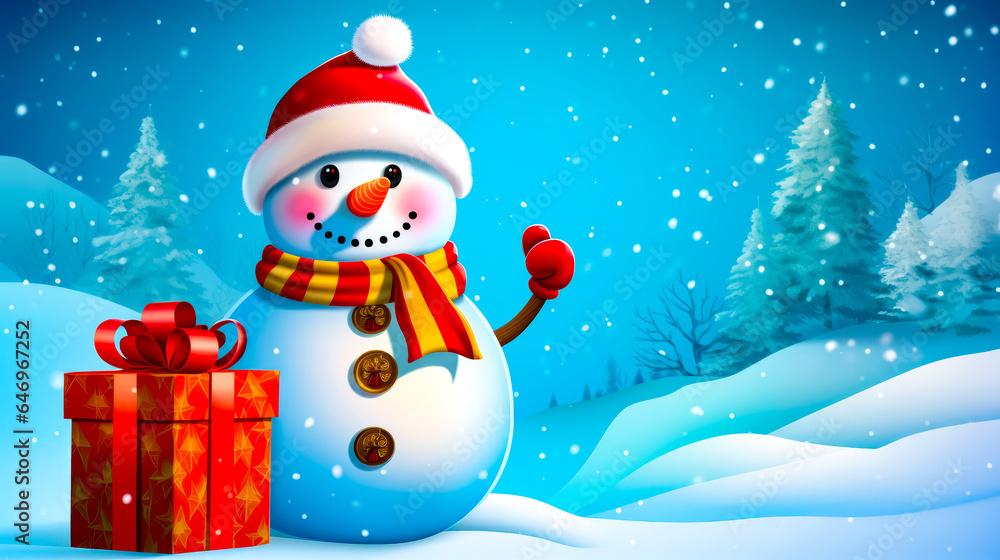Snowman with red hat and scarf holding red gift box.