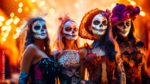 Three women in skeleton makeup and costumes posing for picture with their faces painted. © Констянтин Батыльчук