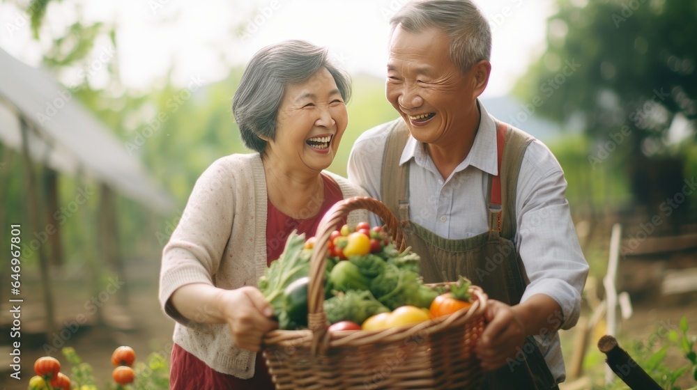 Elderly Asian couple in a garden with harvest