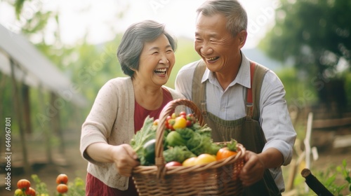 Elderly Asian couple in a garden with harvest