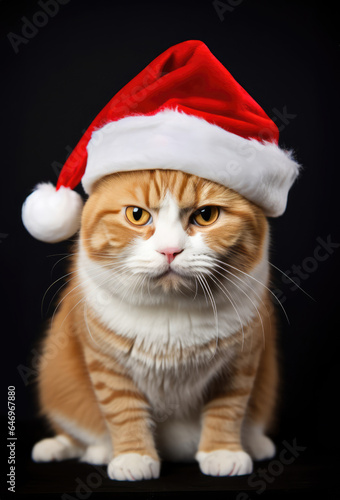 New Year cat animal concept, a pet during the Christmas winter holidays. The holidays are coming, a grumpy kitty dressed as Santa brings gifts to good children.