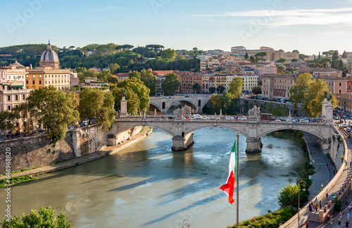 Rome cityscape with Tiber river seen from St. Angel's castle, Italy